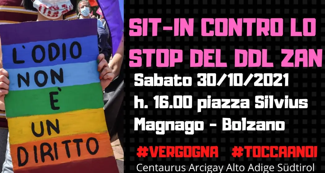Sit-in contro lo stop al ddl Zan: in piazza in Alto Adige ci sarà anche l’Anpi