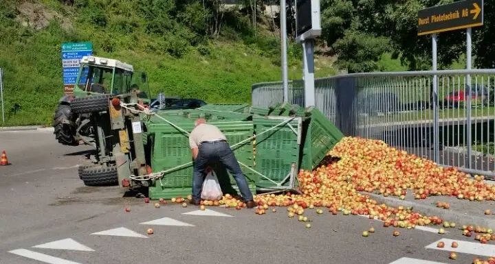 Trattore di mele si ribalta alla rotatoria
