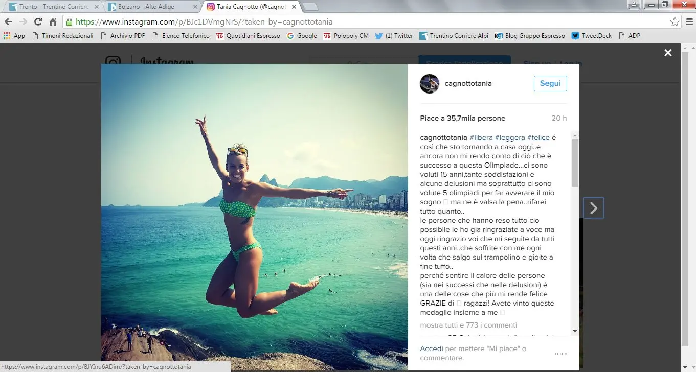 Il ringraziamento della Cagnotto ai fans affidato a Instagram