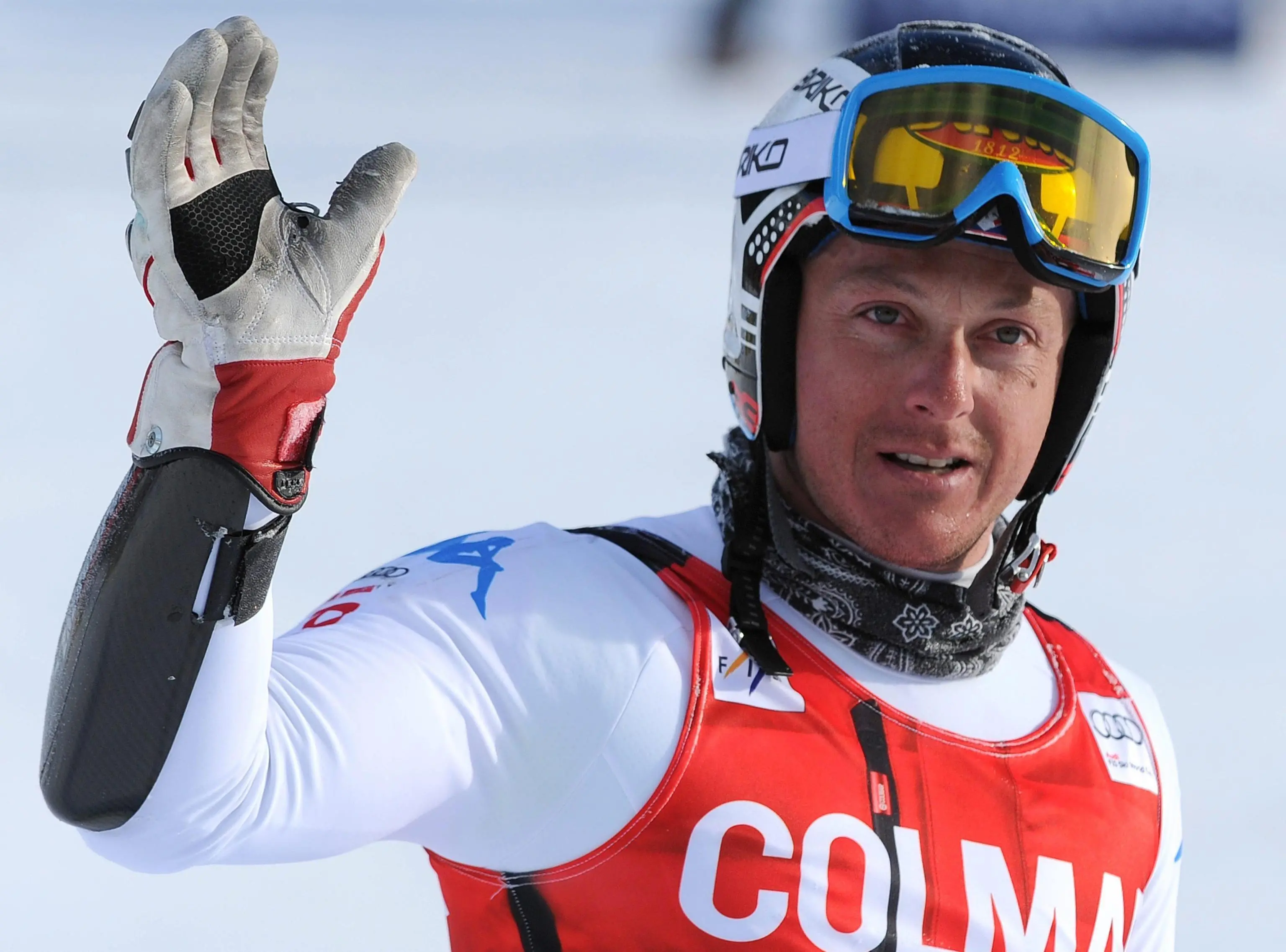 epa03511007 Massimiliano Blardone of Italy reacts in the finish area after his second run in the Men's Ski World Cup Giant Slalom in Alta Badia, Italy, 16 December 2012. EPA/ETTORE FERRARI