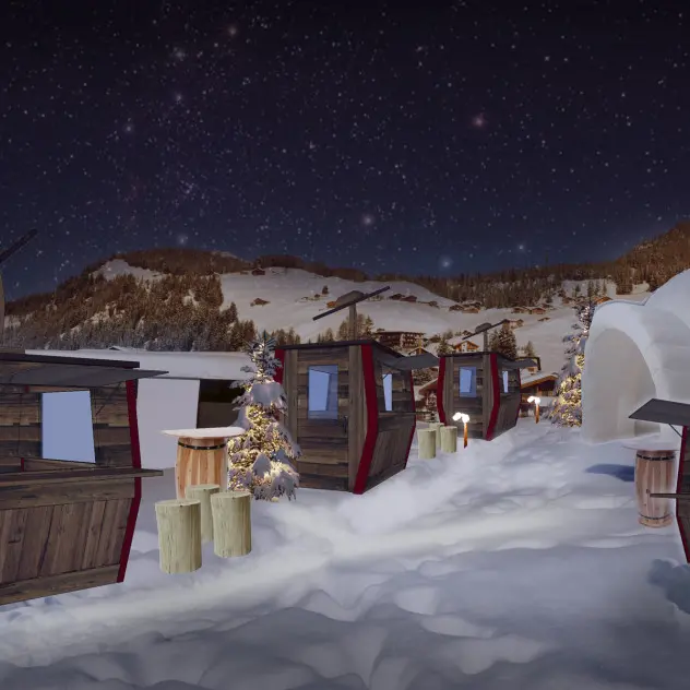 Selva Gardena, le casette del mercatino di Natale a forma di cabina della funivia