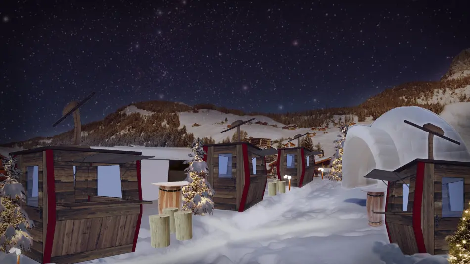 Selva Gardena, le casette del mercatino di Natale a forma di cabina della funivia