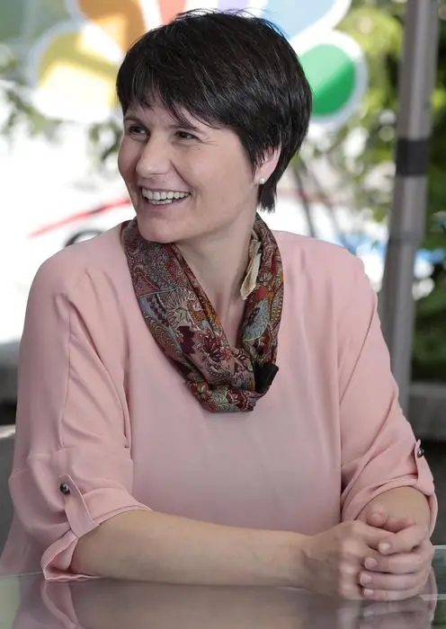 Samantha Cristoforetti rilascia una intervista televisiva in occasione del Forum The European House - Ambrosetti a Villa D'Este, Cernobbio (Como), 3 Settembre 2016. Ansa/Emilio Andreoli