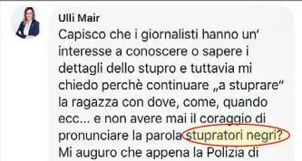 Ulli Mair posta «stupratori negri», Facebook la sospende per tre giorni
