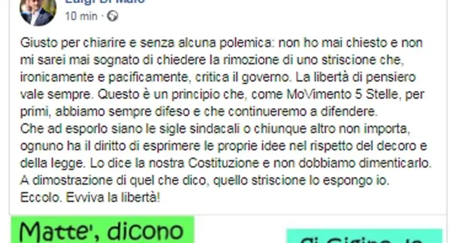 Di Maio, striscioni? Non vanno rimossi