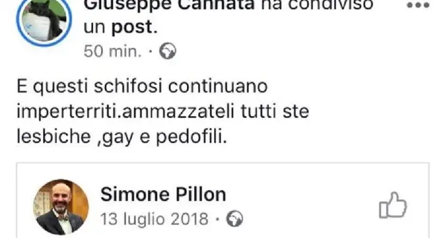 Gay, Cannata indagato per istigazione