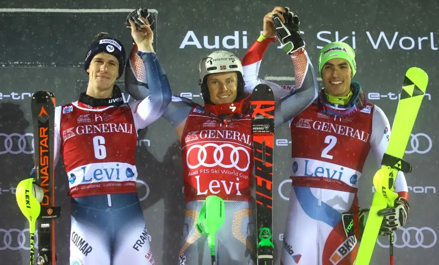 SKI WORLD CUP 2019/2020. Levi (FIN) , 24/11/2019, Clement Noel (Fra) Henrik Kristoffersen (Nor) Daniel Yule (Swi) photo Alessandro Trovati/Pentaphoto
