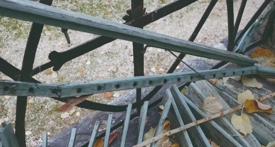 Giardino appassito tra erbacce e strutture cadenti