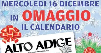 Domani, 16 dicembre, con l’Alto Adige in regalo il calendario 2021