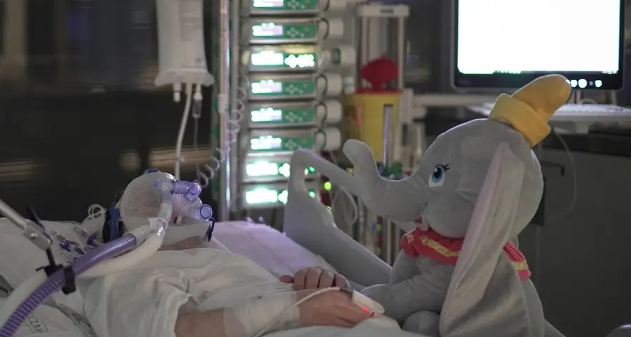 Giovane paziente ricoverato in Rianimazione tiene la mano a Dumbo, il suo maxi-elefante