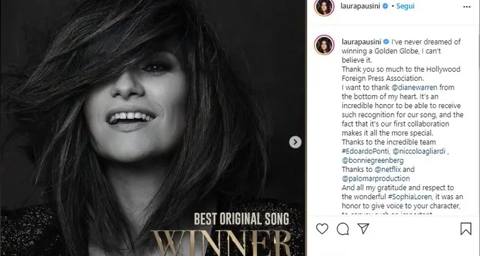 Golden Globe 2021, premiata Laura Pausini. Nomadland miglior film