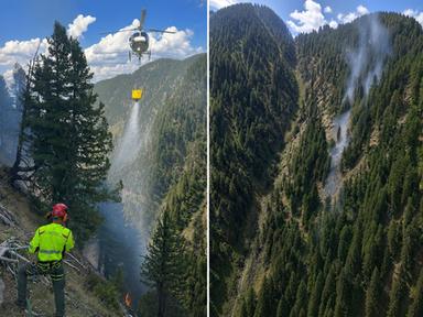 Incendio boschivo sopra Val di Giovo, vigili del fuoco al lavoro con due elicotteri