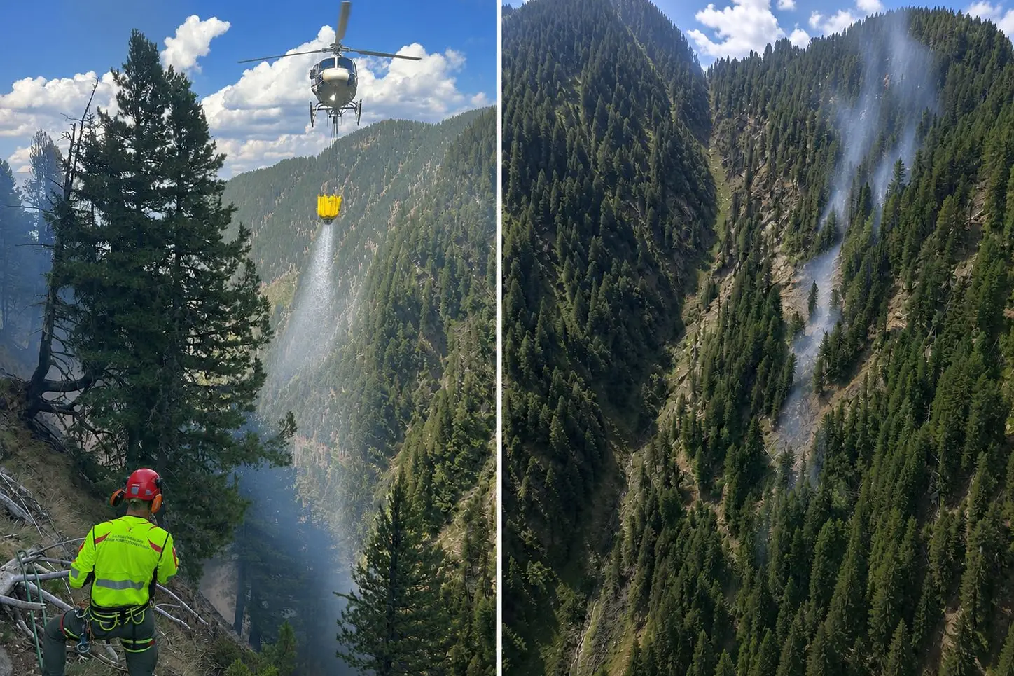 Incendio boschivo sopra Val di Giovo, vigili del fuoco al lavoro con due elicotteri