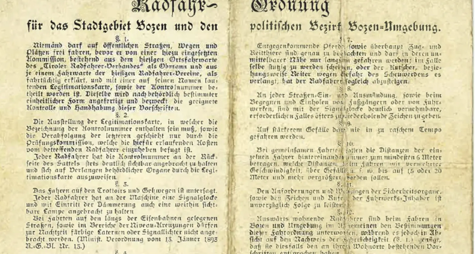 Patente, targa e fanale per la bici: così si pedalava a Bolzano 130 anni fa
