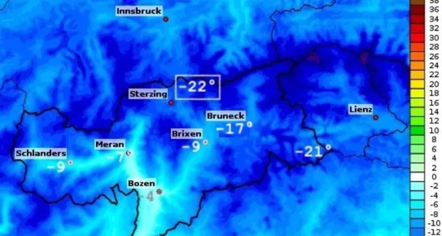 Ondata di freddo in Alto Adige: -17 gradi a Brunico, -22 in val di Vizze