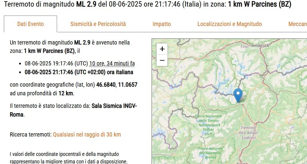 Scossa di terremoto a Parcines: non si segnalano danni