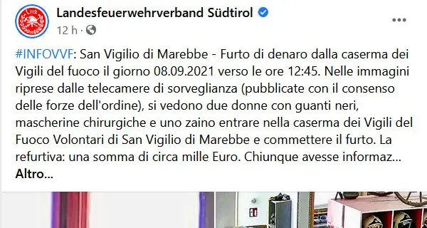 San Vigilio di Marebbe, furto da mille euro nella caserma dei pompieri