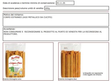 Ago metallico nei grissini 'Lingue di Pane', ritirato un lotto