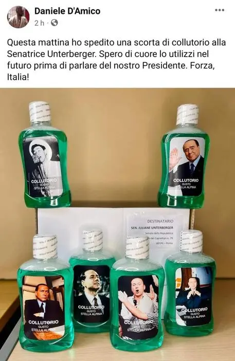 Parole su Berlusconi, militante di Forza Italia spedisce bottiglie di collutorio alla senatrice Unterberger