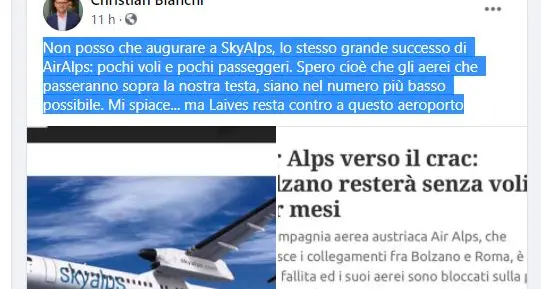 Il sindaco di Laives: “Auguro a SkyAlps pochi voli e pochi passeggeri”